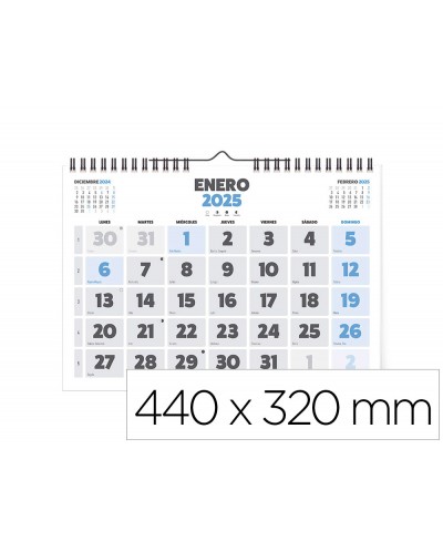 Calendario espiral pared liderpapel clasico 2025 numeros grandes 44x32 cm papel 128 gr