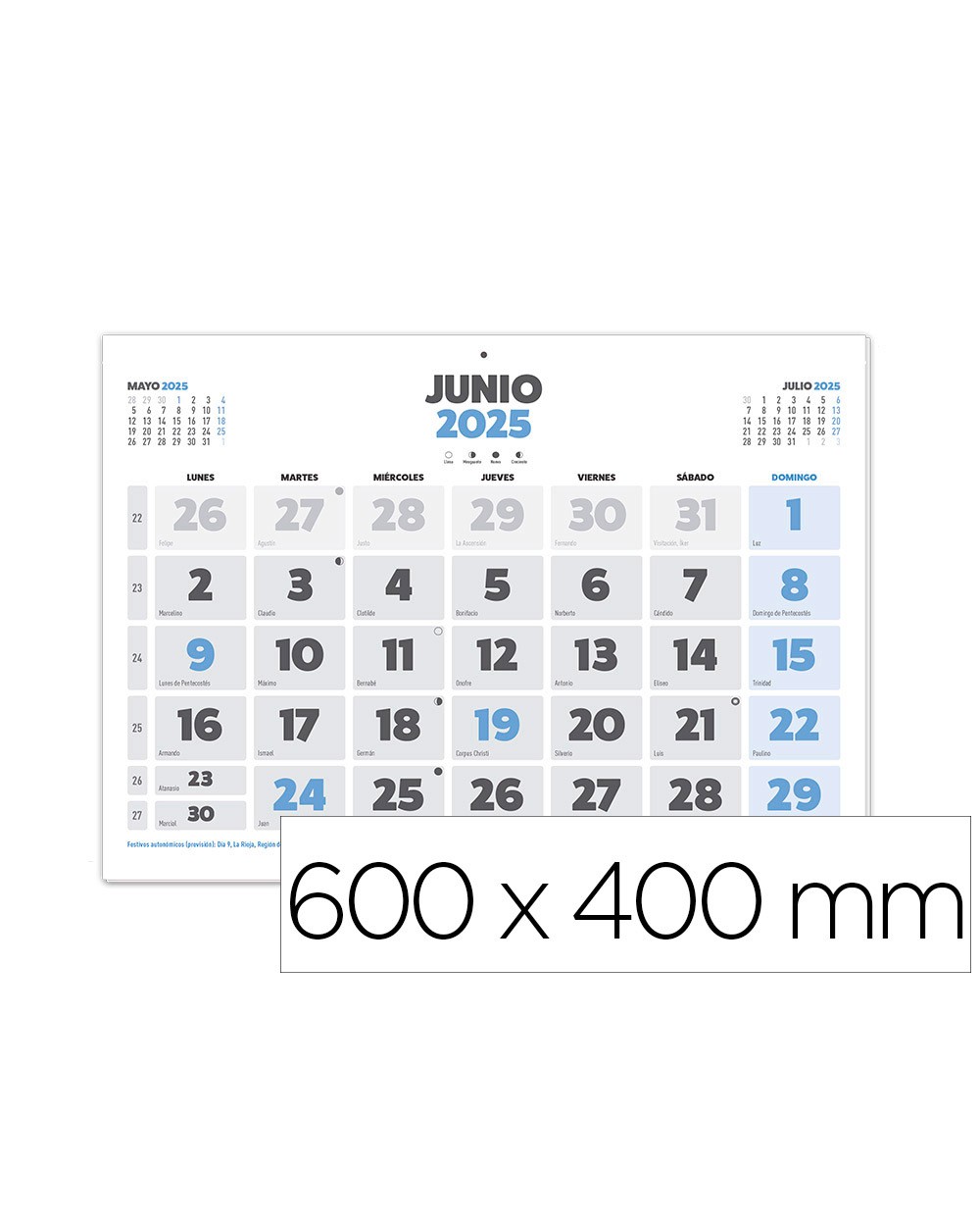 Calendario pared liderpapel clasico 2025 lomo engomado 60x40 cm papel 105 gr