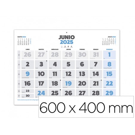 Calendario pared liderpapel clasico 2025 lomo engomado 60x40 cm papel 105 gr