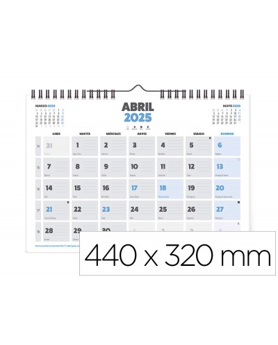 Calendario pared liderpapel clasico 2025 espiral 44x32 cm papel 128 gr