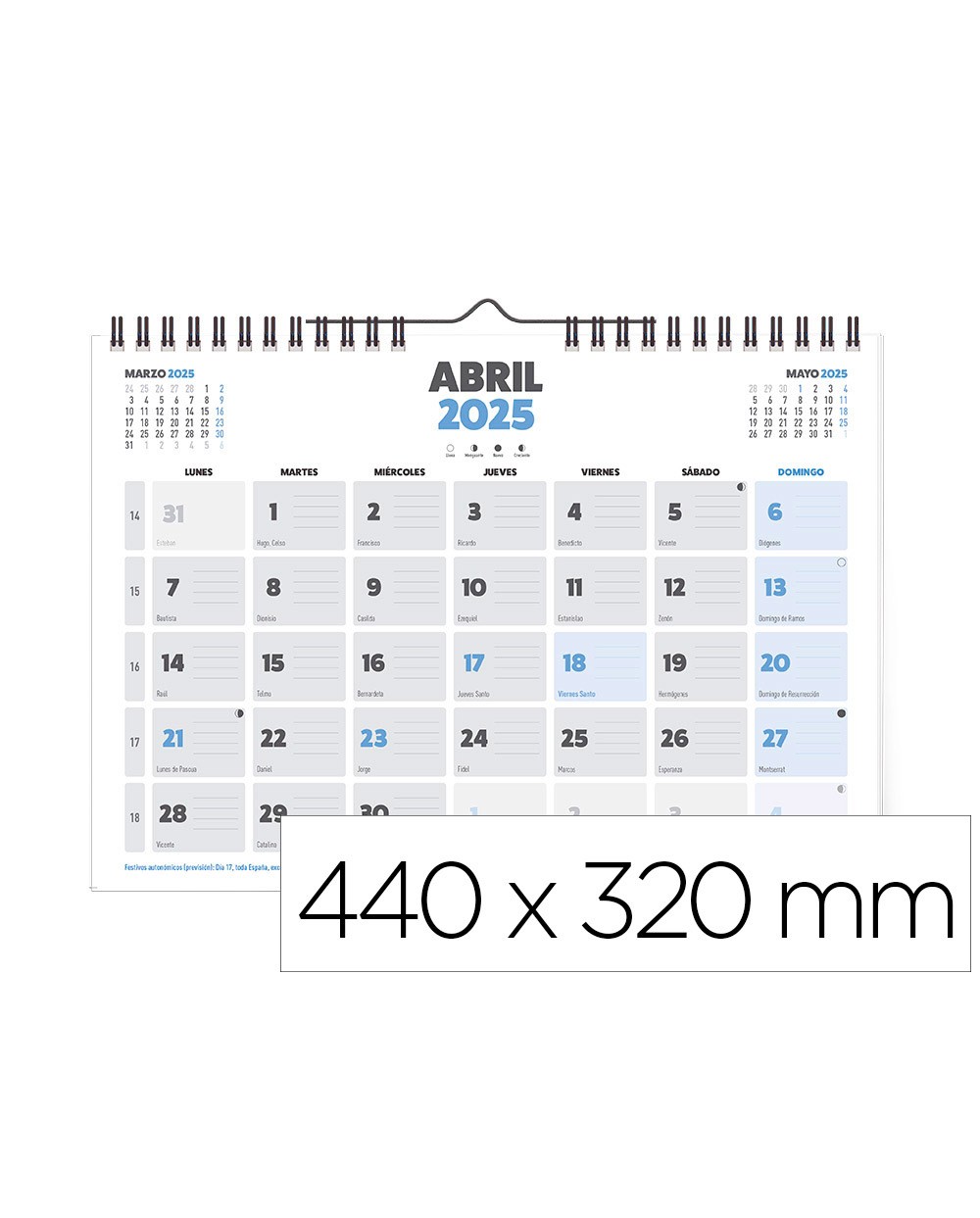 Calendario pared liderpapel clasico 2025 espiral 44x32 cm papel 128 gr