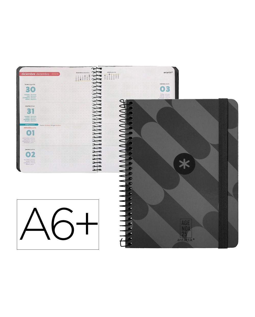 Agenda espiral antartik pattern a6 2025 semana vista color negro papel 80 gr