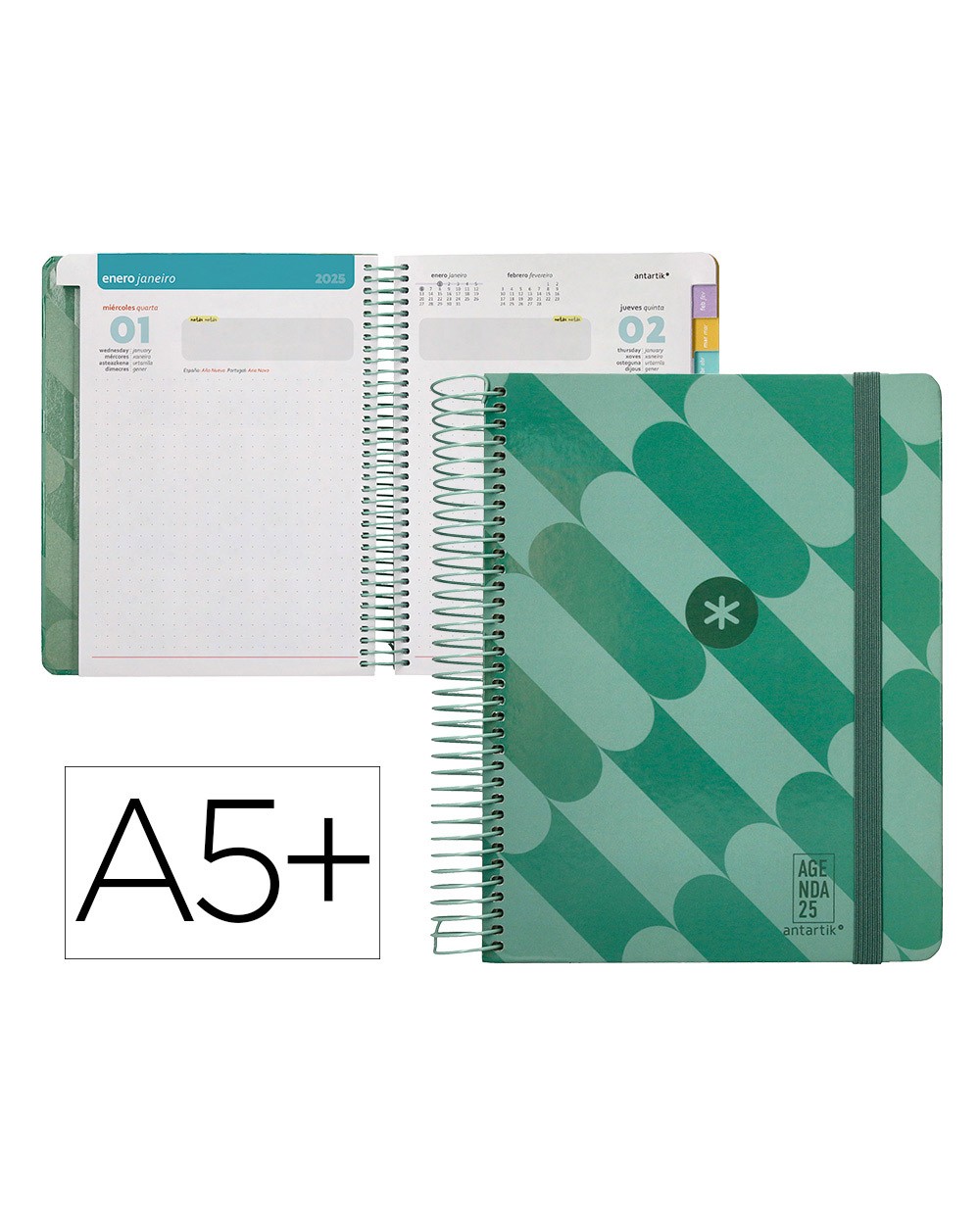 Agenda espiral antartik pattern a5 2025 dia pagina color verde papel 80 gr