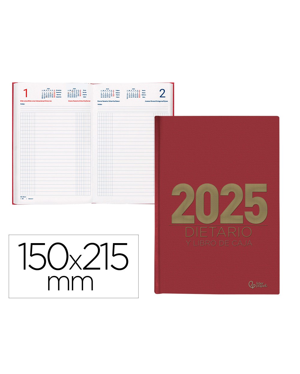 Dietario liderpapel 2025 cuarto 15x215 cm color rojo papel 70 gr