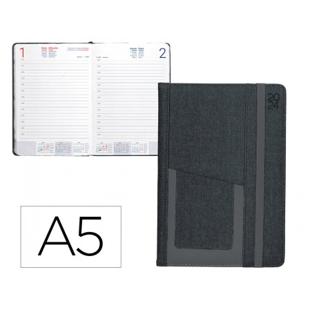 Agenda encuadernada liderpapel saria a5 2025 dia pagina color negro papel 70 gr