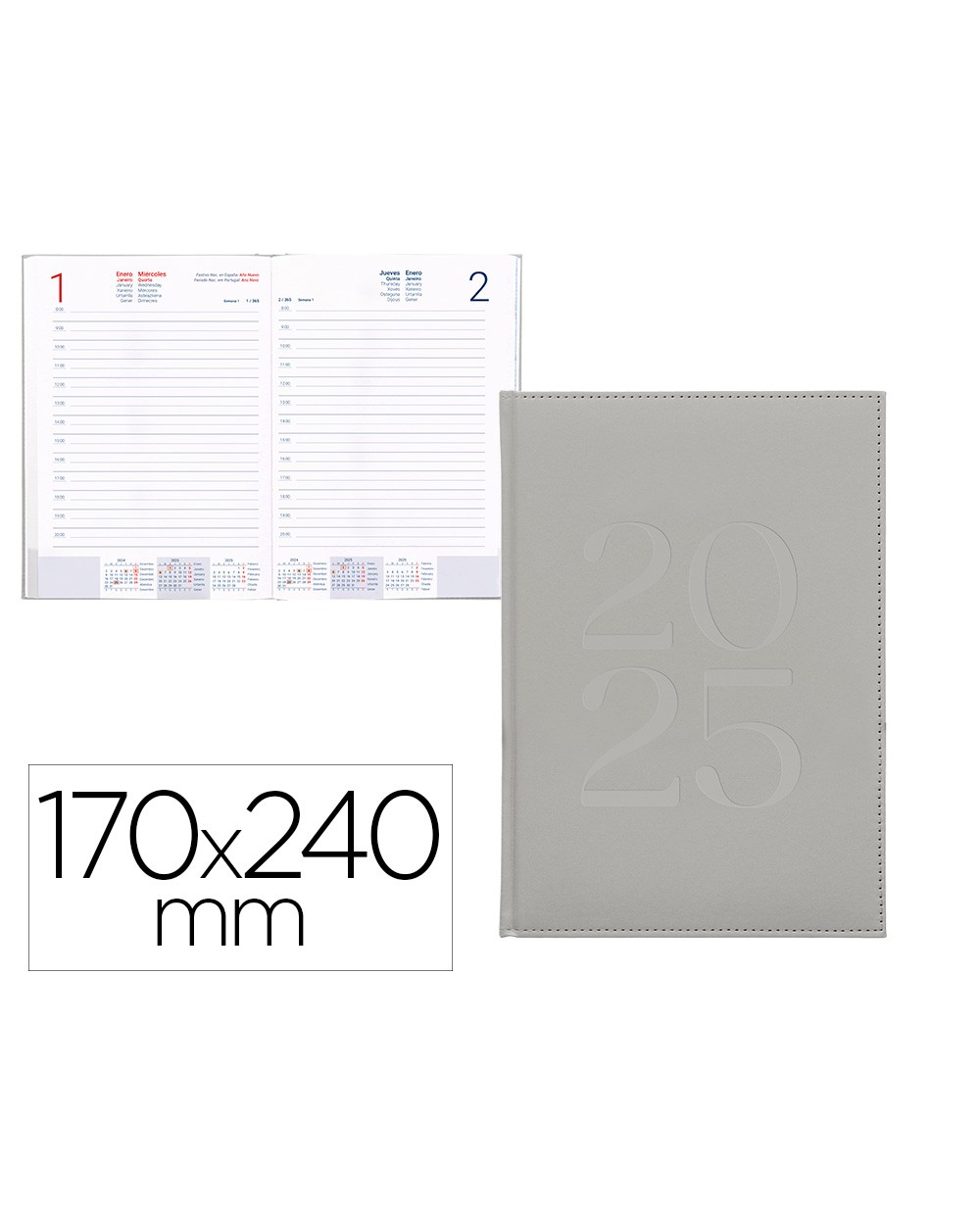 Agenda encuadernada liderpapel creta 170x240 mm 2025 dia pagina color gris papel 70 gr