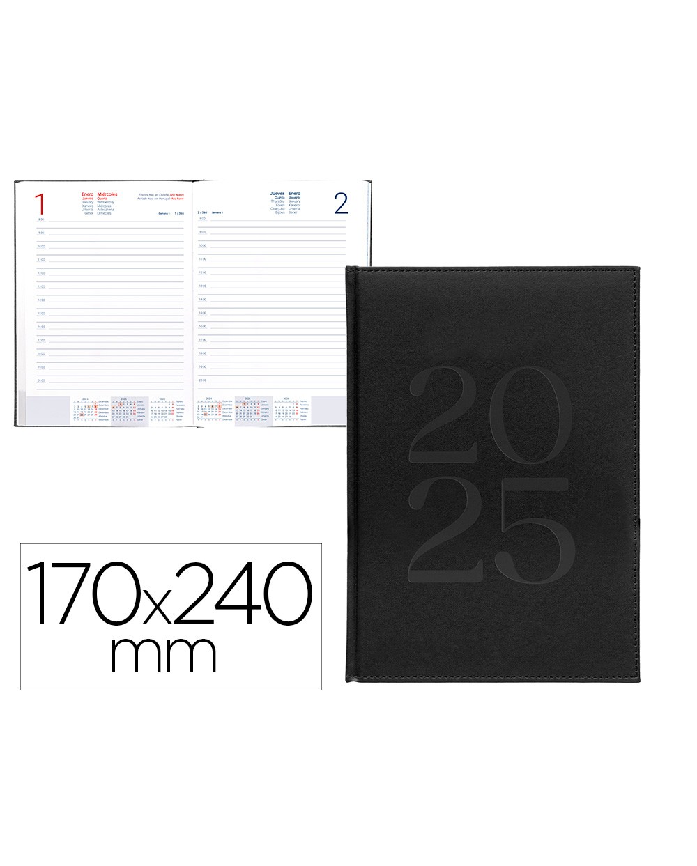 Agenda encuadernada liderpapel creta 170x240 mm 2025 dia pagina color negro papel 70 gr