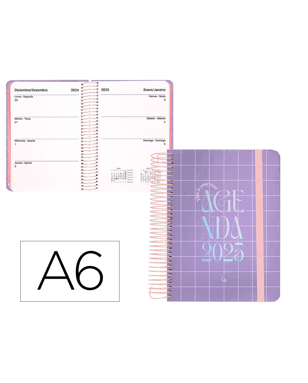 Agenda espiral liderpapel kymolos a6 2025 dia pagina malva papel 70 gr