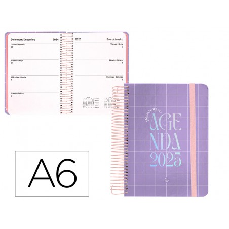 Agenda espiral liderpapel kymolos a6 2025 dia pagina malva papel 70 gr