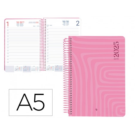 Agenda espiral liderpapel syros a5 2025 dia pagina color rosa papel 60 gr