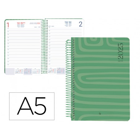 Agenda espiral liderpapel syros a5 2025 dia pagina color verde papel 60 gr