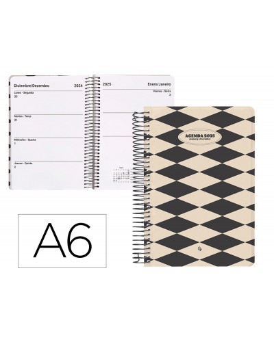 Agenda espiral liderpapel classic a6 2025 semana vista color blanco y negro 1 papel 70 gr