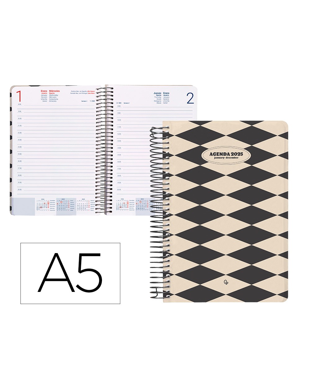 Agenda espiral liderpapel classic a5 2025 dia pagina color blanco y negro 1 papel 70 gr