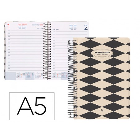 Agenda espiral liderpapel classic a5 2025 dia pagina color blanco y negro 1 papel 70 gr