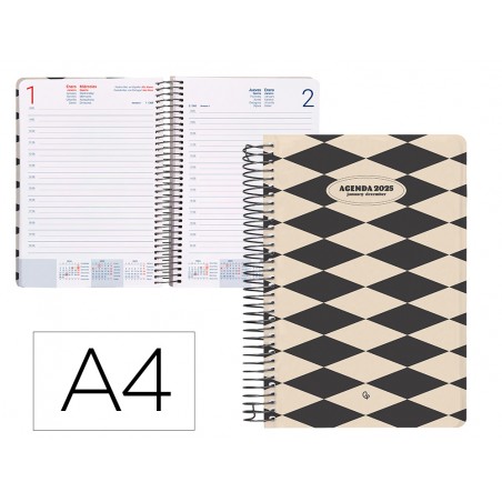 Agenda espiral liderpapel classic a4 2025 dia pagina blanco y negro 1 papel 70 gr