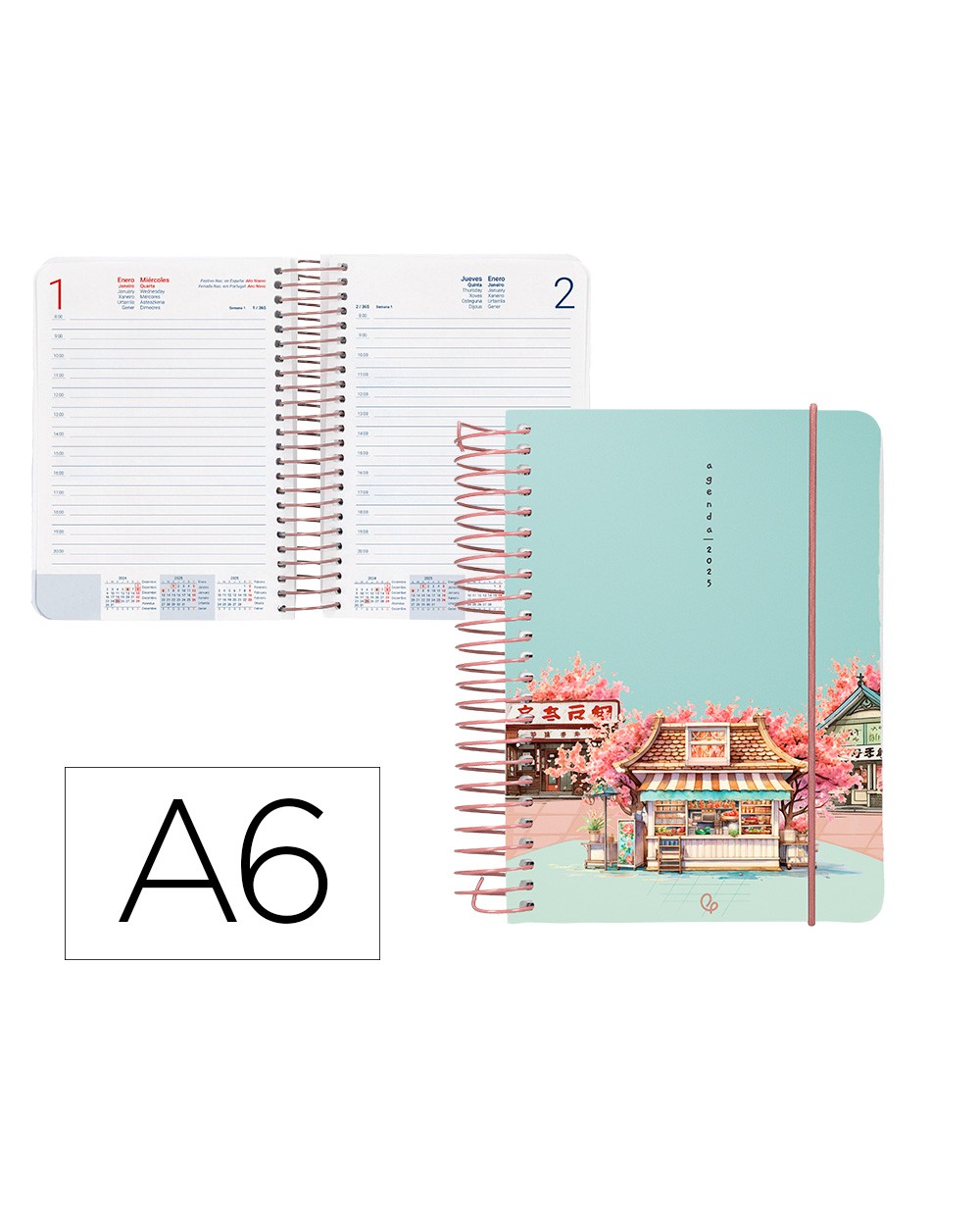 Agenda espiral liderpapel santorini a6 2025 dia pagina cherry blossoms papel 60 gr