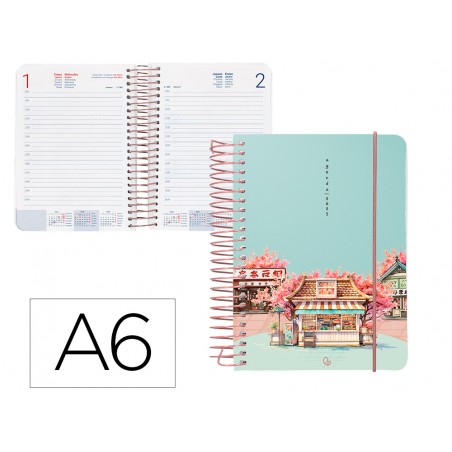 Agenda espiral liderpapel santorini a6 2025 dia pagina cherry blossoms papel 60 gr