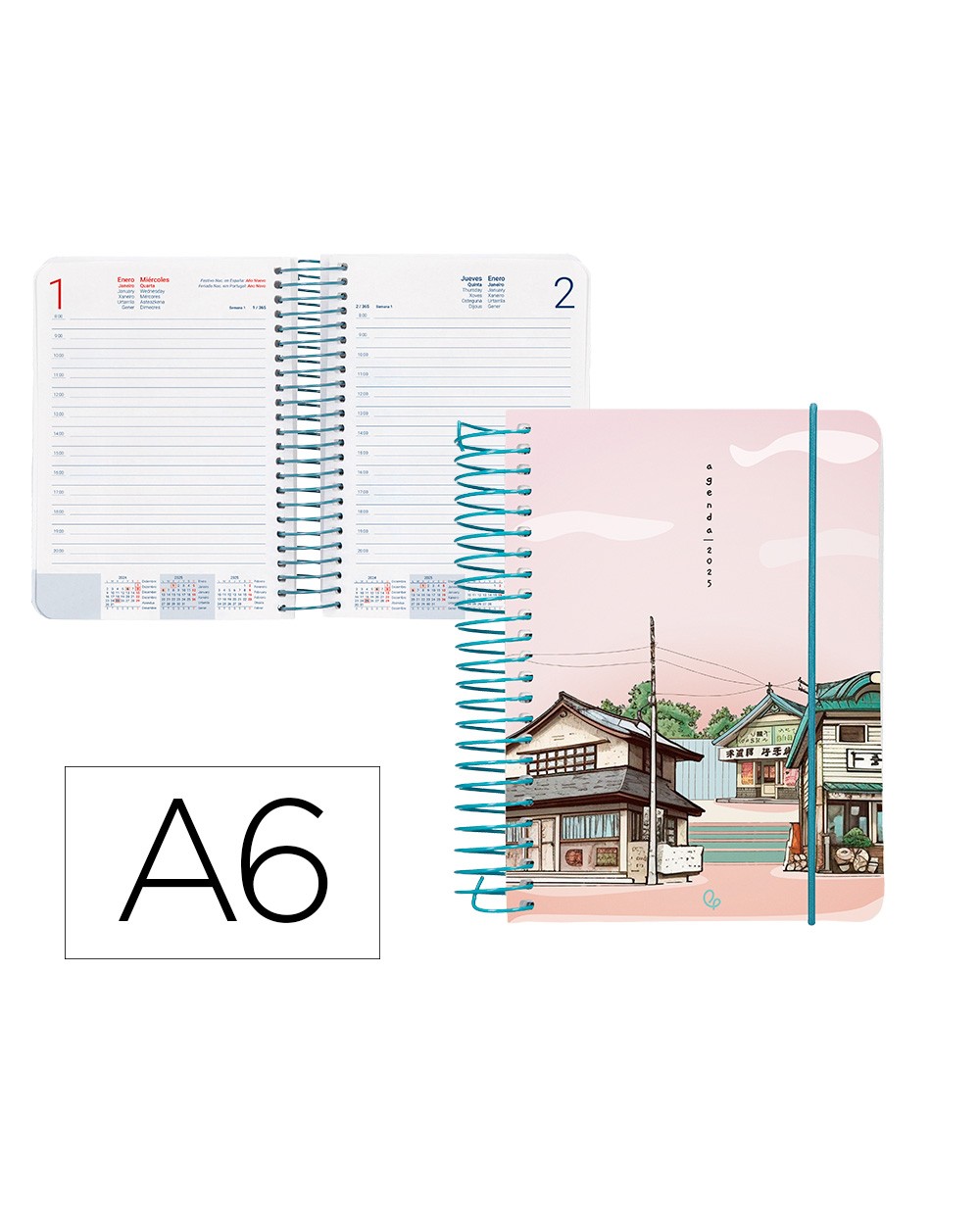 Agenda espiral liderpapel santorini a6 2025 dia pagina atardecer rosa papel 60 gr