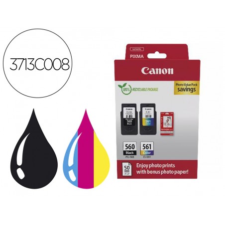 Ink jet canon photo value pack pg 560 cl561 50 hojas papel foto glossy 10x15 cm