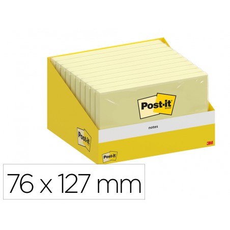 Bloc de notas adhesivas quita y pon post it 76x127 mm 100 hojas amarillo canario retractilado individualmente