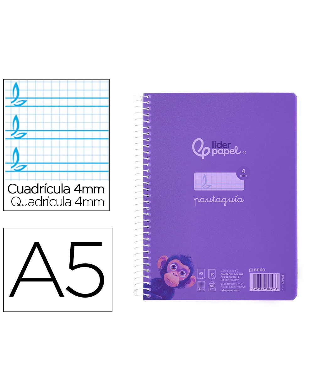 Cuaderno espiral liderpapel din a5 pautaguia tapa plastico 80h 90gr cuadro pautado 4 mm con margen color lila