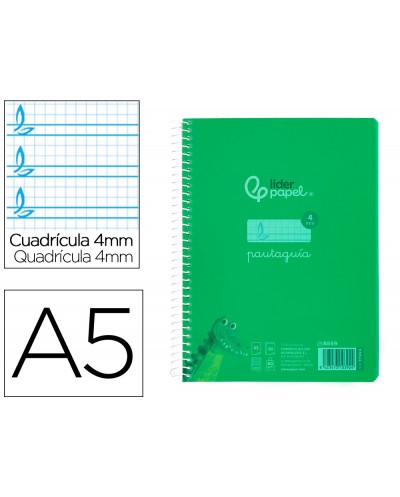 Cuaderno espiral liderpapel din a5 pautaguia tapa plastico 80h 90gr cuadro pautado 4mm con margen color verde