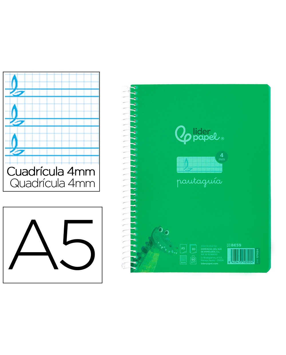 Cuaderno espiral liderpapel din a5 pautaguia tapa plastico 80h 90gr cuadro pautado 4mm con margen color verde