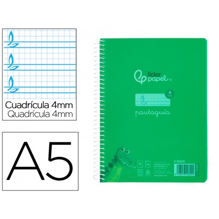 Cuaderno espiral liderpapel din a5 pautaguia tapa plastico 80h 90gr cuadro pautado 4mm con margen color verde