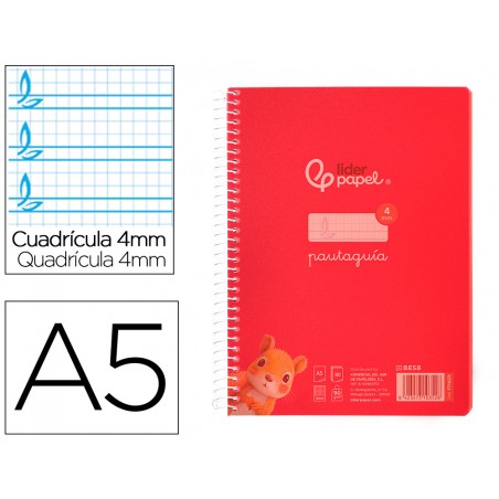 Cuaderno espiral liderpapel din a5 pautaguia tapa plastico 80h 90gr cuadro pautado 4mm con margen color rojo