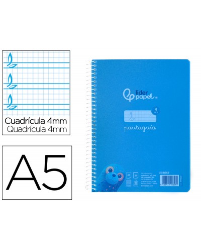 Cuaderno espiral liderpapel din a5 pautaguia tapa plastico 80h 90gr cuadro pautado 4mm con margen color azul