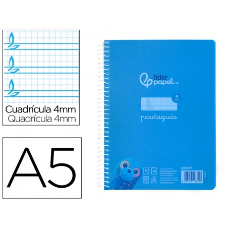 Cuaderno espiral liderpapel din a5 pautaguia tapa plastico 80h 90gr cuadro pautado 4mm con margen color azul