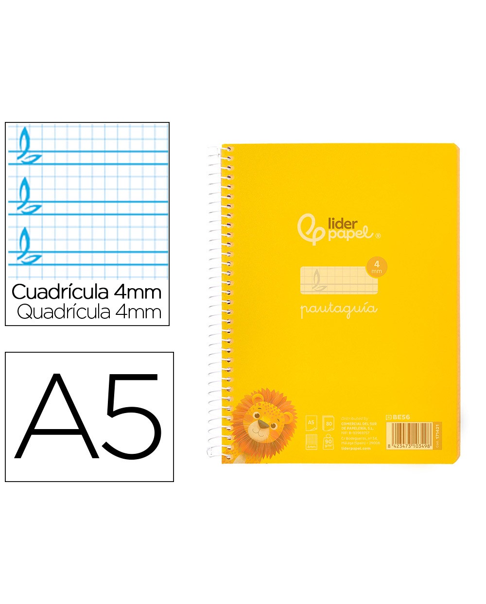 Cuaderno espiral liderpapel din a5 pautaguia tapa plastico 80h 90gr cuadro pautado 4mm con margen color amarillo