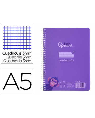 Cuaderno espiral liderpapel din a5 pautaguia tapa plastico 80h 90gr cuadro pautado 3 mm con margen color lila