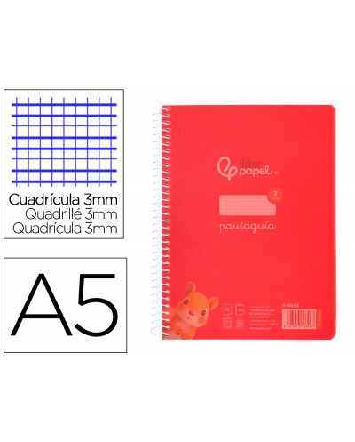 Cuaderno espiral liderpapel din a5 pautaguia tapa plastico 80h 90gr cuadro pautado 3 mm con margen color rojo