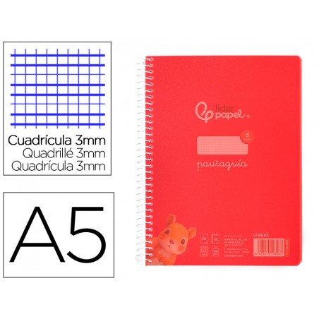 Cuaderno espiral liderpapel din a5 pautaguia tapa plastico 80h 90gr cuadro pautado 3 mm con margen color rojo