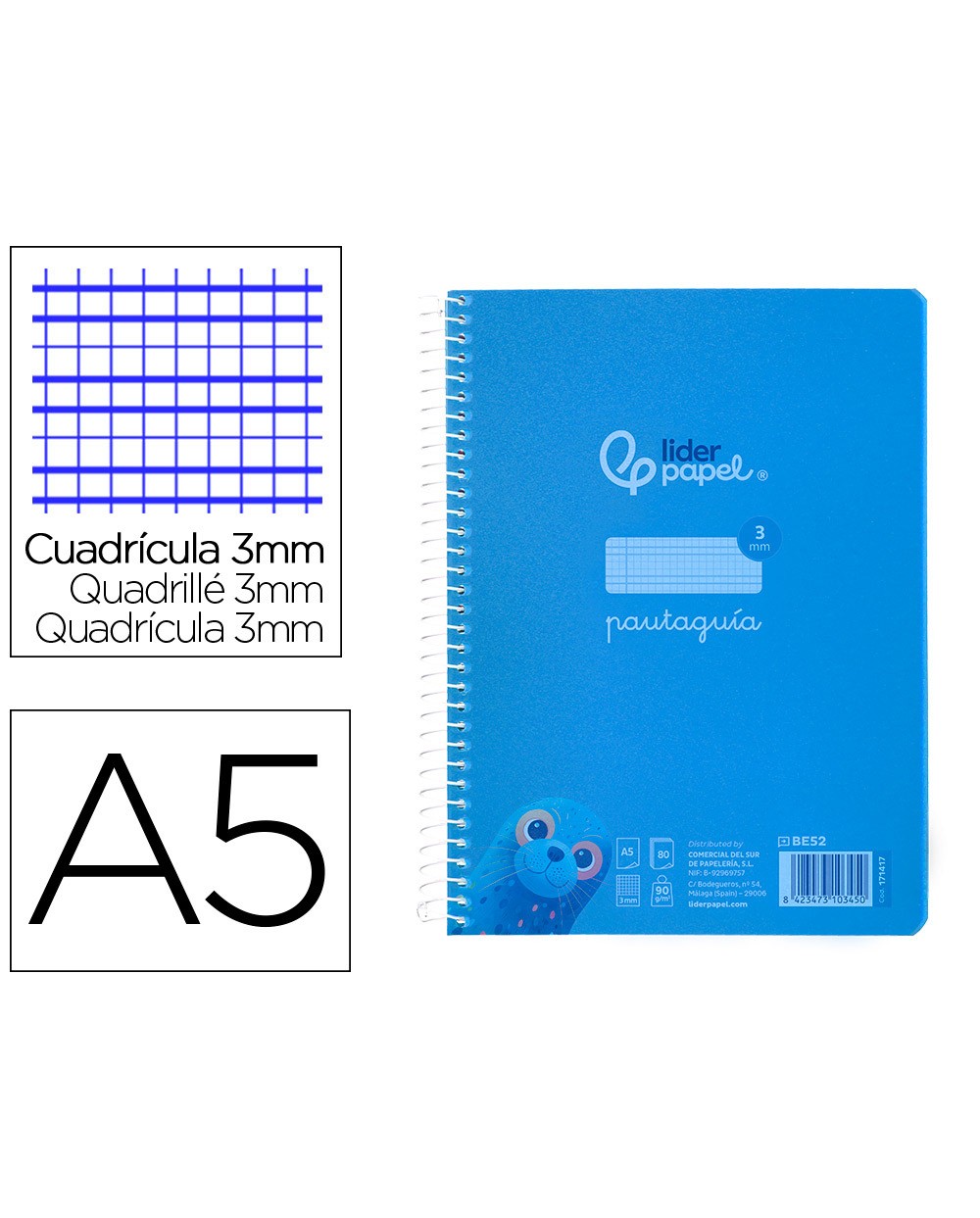 Cuaderno espiral liderpapel din a5 pautaguia tapa plastico 80h 90gr cuadro pautado 3 mm con margen color azul