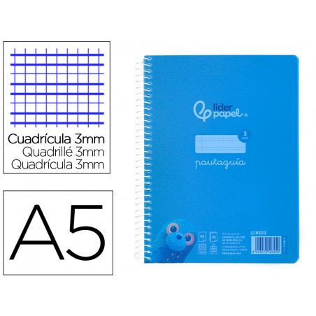 Cuaderno espiral liderpapel din a5 pautaguia tapa plastico 80h 90gr cuadro pautado 3 mm con margen color azul