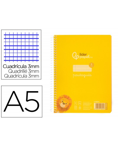 Cuaderno espiral liderpapel din a5 pautaguia tapa plastico 80h 90gr cuadro pautado 3 mm con margen color amarillo