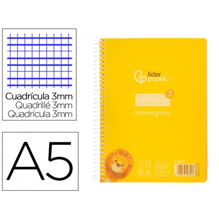 Cuaderno espiral liderpapel din a5 pautaguia tapa plastico 80h 90gr cuadro pautado 3 mm con margen color amarillo