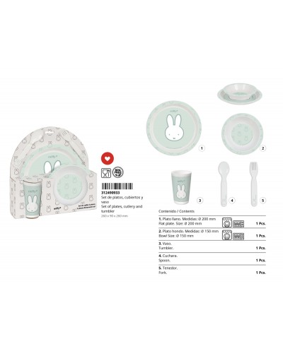 Set de platos cubiertos y vaso safta miffy menta 260x260x90 mm