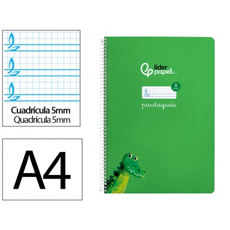 Cuaderno espiral liderpapel din a4 pautaguia tapa dura 80h 90 gr cuadro pautado 5mm color verde