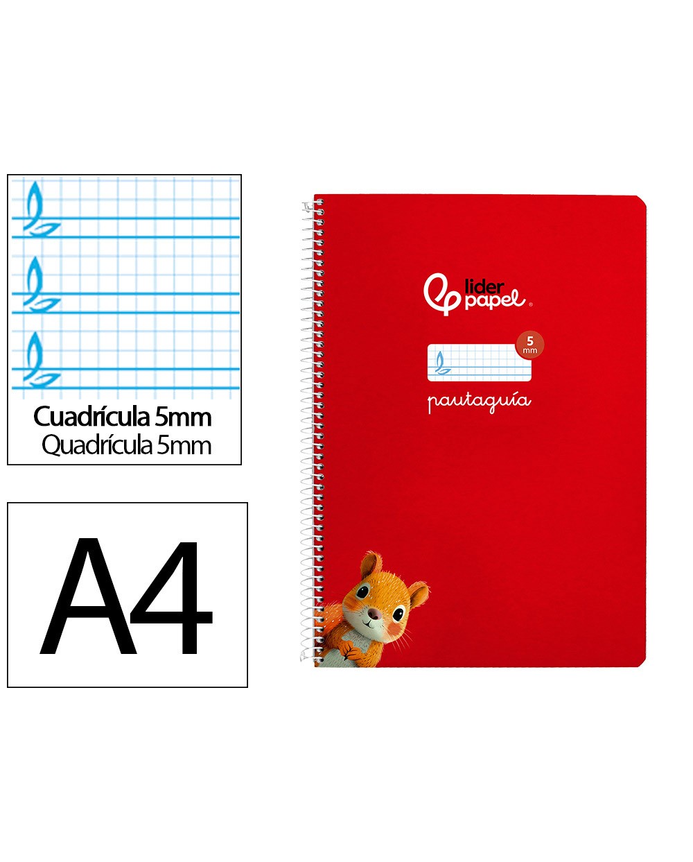 Cuaderno espiral liderpapel din a4 pautaguia tapa dura 80h 90 gr cuadro pautado 5mm color rojo