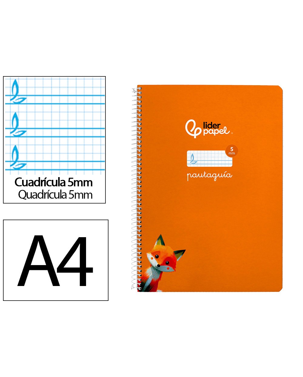 Cuaderno espiral liderpapel din a4 pautaguia tapa dura 80h 90 gr cuadro pautado 5mm color naranja