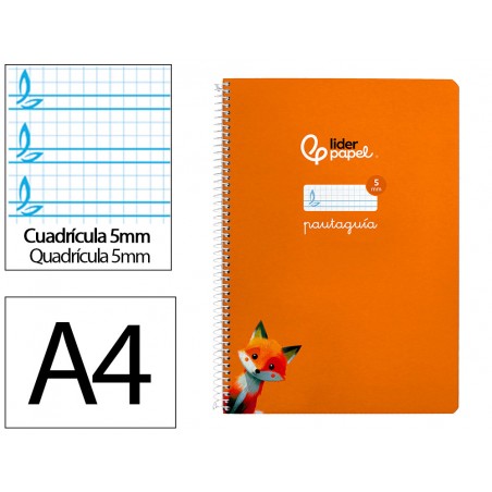 Cuaderno espiral liderpapel din a4 pautaguia tapa dura 80h 90 gr cuadro pautado 5mm color naranja