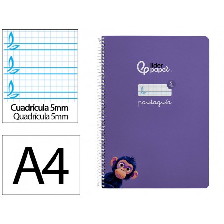 Cuaderno espiral liderpapel din a4 pautaguia tapa dura 80h 90 gr cuadro pautado 5mm color lila