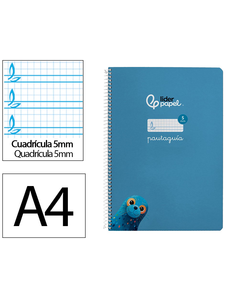 Cuaderno espiral liderpapel din a4 pautaguia tapa dura 80h 90 gr cuadro pautado 5mm color azul