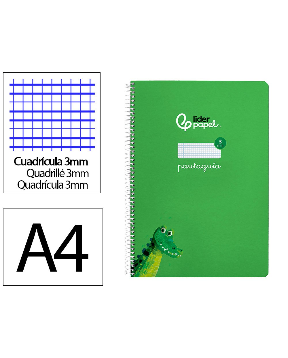 Cuaderno espiral liderpapel din a4 pautaguia tapa dura 80h 90 gr cuadro pautado 3mm color verde