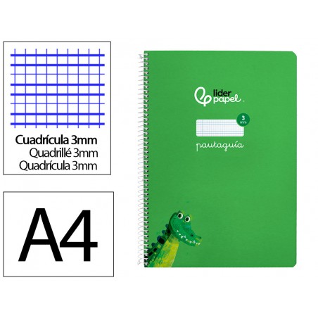 Cuaderno espiral liderpapel din a4 pautaguia tapa dura 80h 90 gr cuadro pautado 3mm color verde