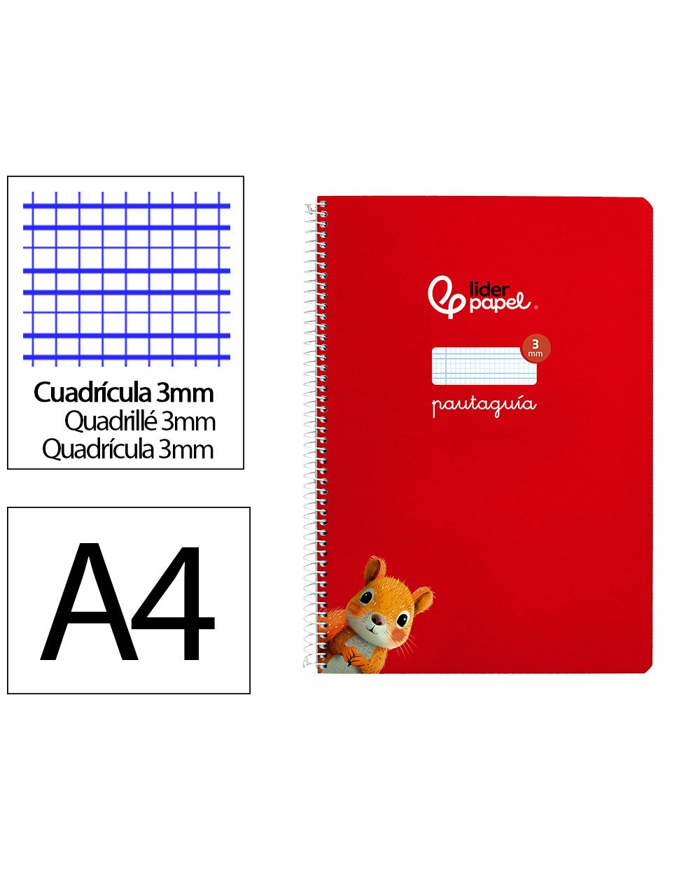 Cuaderno espiral liderpapel din a4 pautaguia tapa dura 80h 90 gr cuadro pautado 3mm color rojo