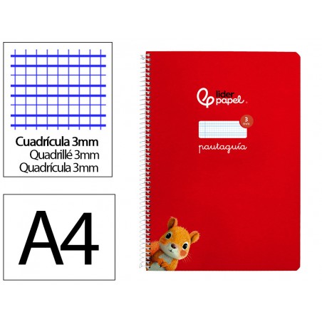 Cuaderno espiral liderpapel din a4 pautaguia tapa dura 80h 90 gr cuadro pautado 3mm color rojo